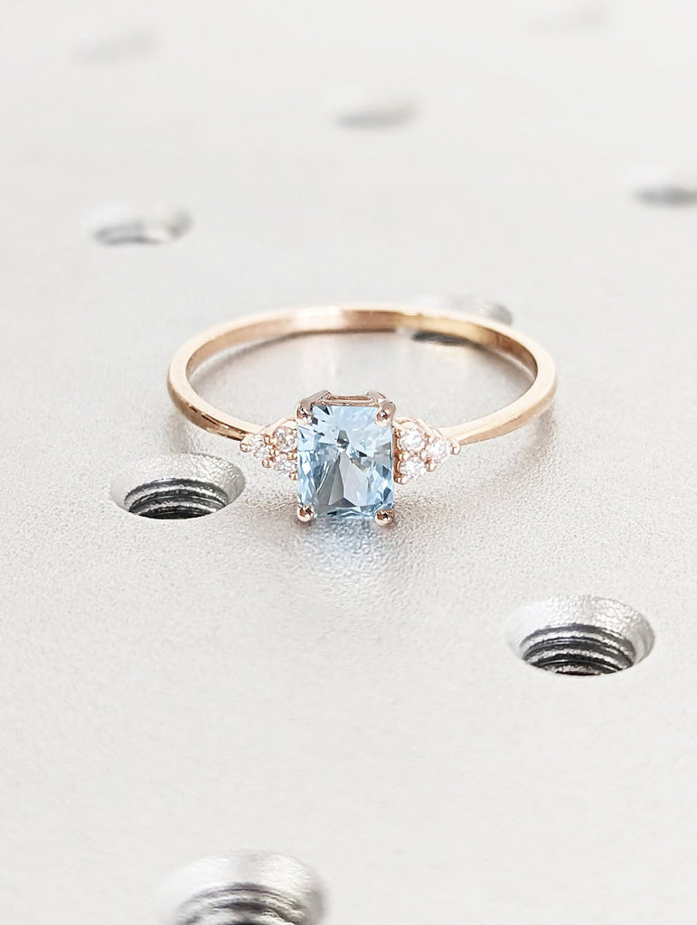 Art Deco Lab Aquamarine Engagement Ring Radiant Cut | 14K 18K Solid Gold, Platinum Dainty Promise Ring | Woman Bridal Ring Jewelry Gift