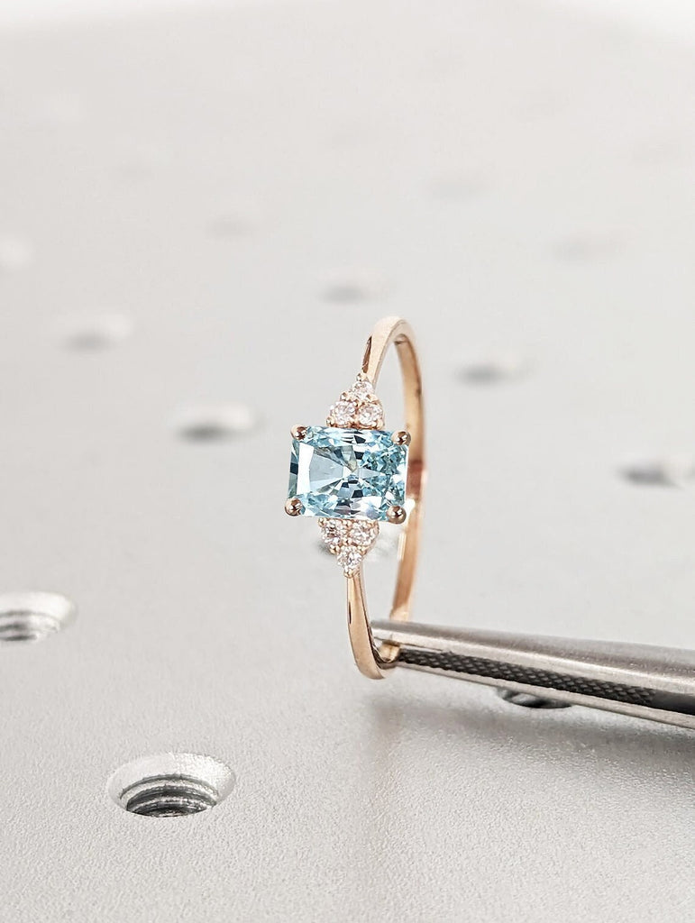 Vintage Lab Aquamarine Engagement Ring Radiant Cut | Antique Rose Gold Diamond Cluster Wedding Ring | March Birthstone Anniversary Ring