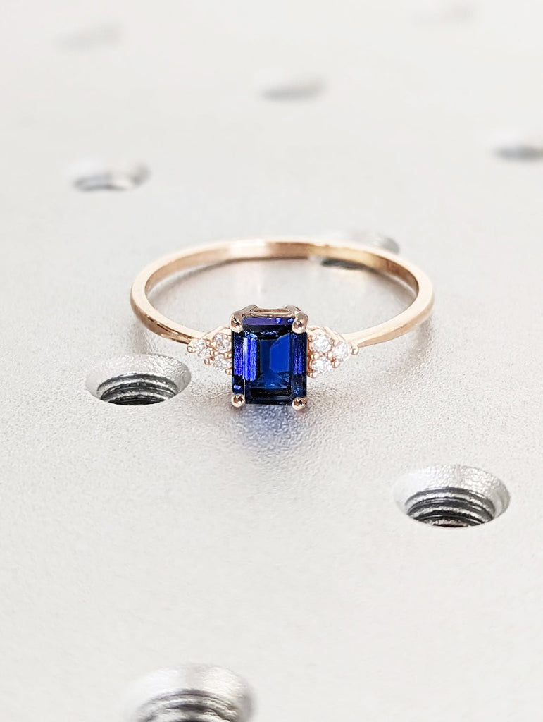 Vintage Lab Sapphire Engagement Ring | Dainty 14K 18K Rose Gold Wedding Band | Royal Blue Sapphire September Birthstone | Commitment Ring