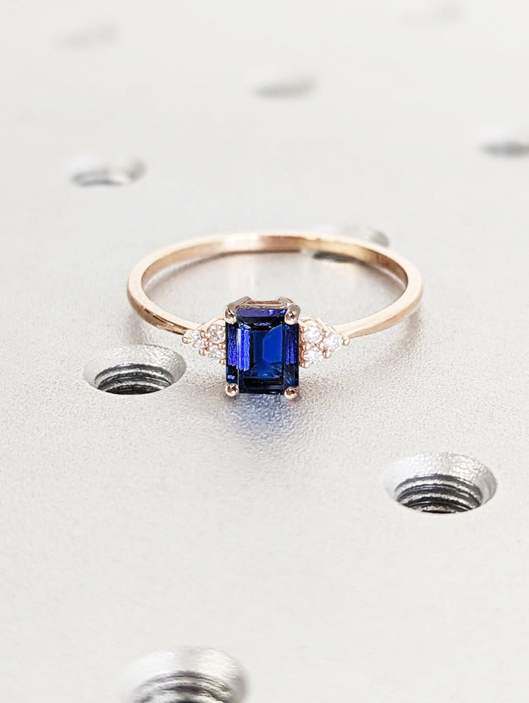 Emerald cut Lab Sapphire Women Proposal Ring | Rose Gold Wedding Anniversary Ring | Royal Blue Sapphire September Birthstone Promise Ring