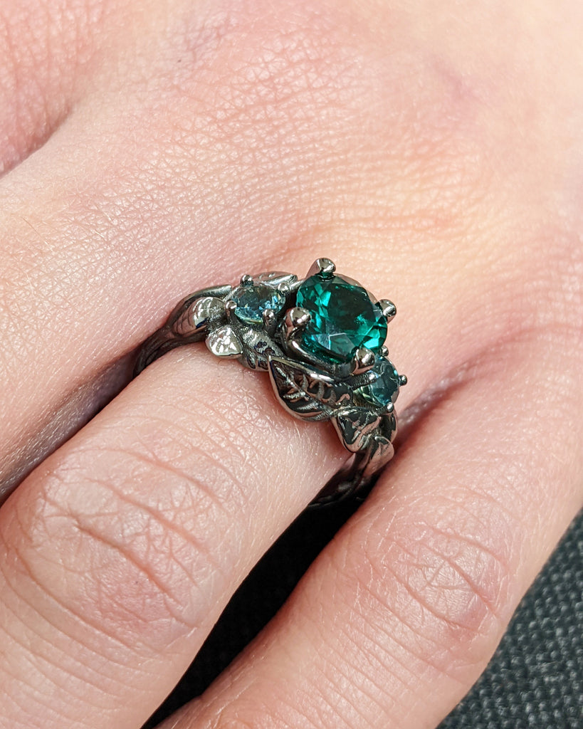 Nature Inspired Emerald Bridal Ring / Branch Emerald Engagement Ring / Leaf Emerald Engagement Ring / Art Deco / Trellis / Peacock Sapphire