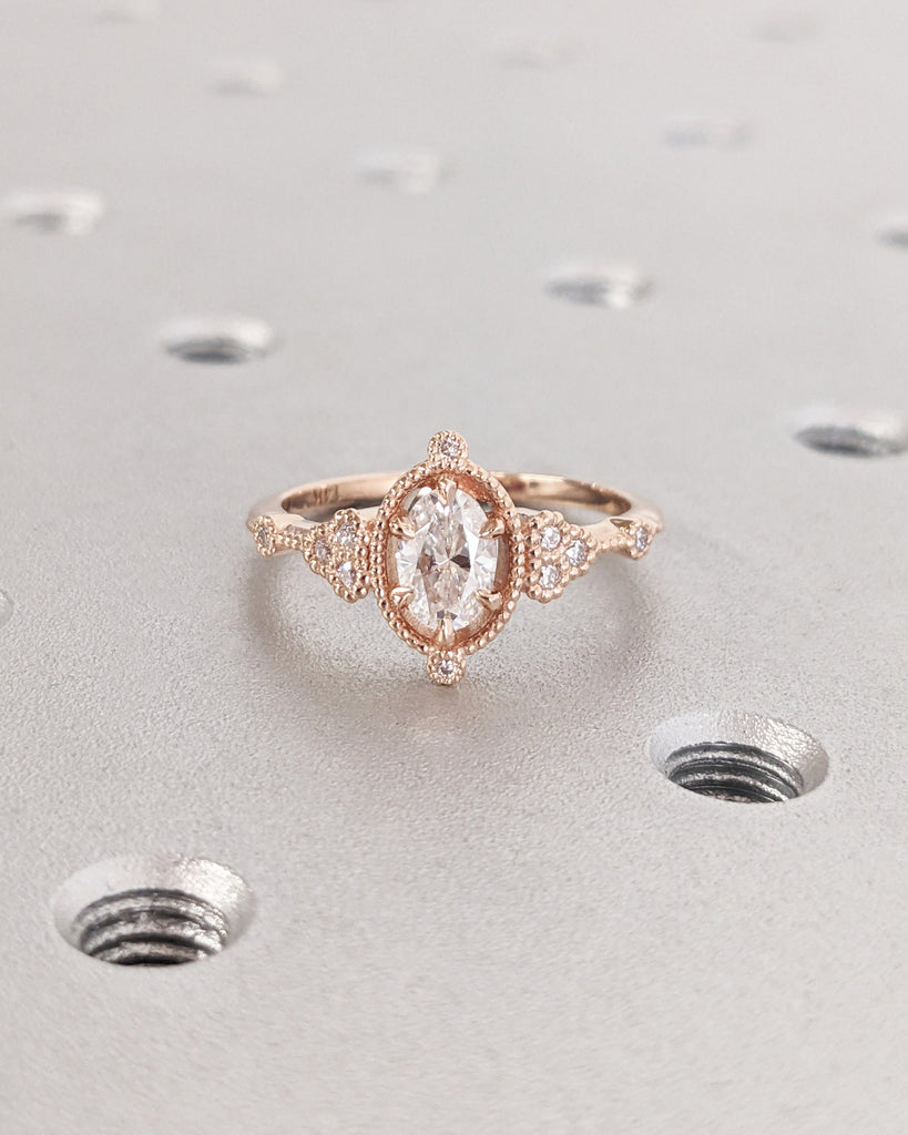 Vintage Oval Shaped Moissanite Engagement Ring Art Deco Milgrain Real Rose Gold Wedding Ring Unique Moissanite Cluster Bridal Ring For Women