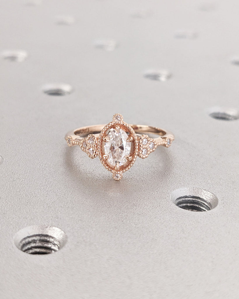 Vintage Moissanite Oval Engagement Ring | Antique Rose Gold Diamond Bridal Ring | Talon Prong Set Milgrain Ring | Art Deco Anniversary Ring