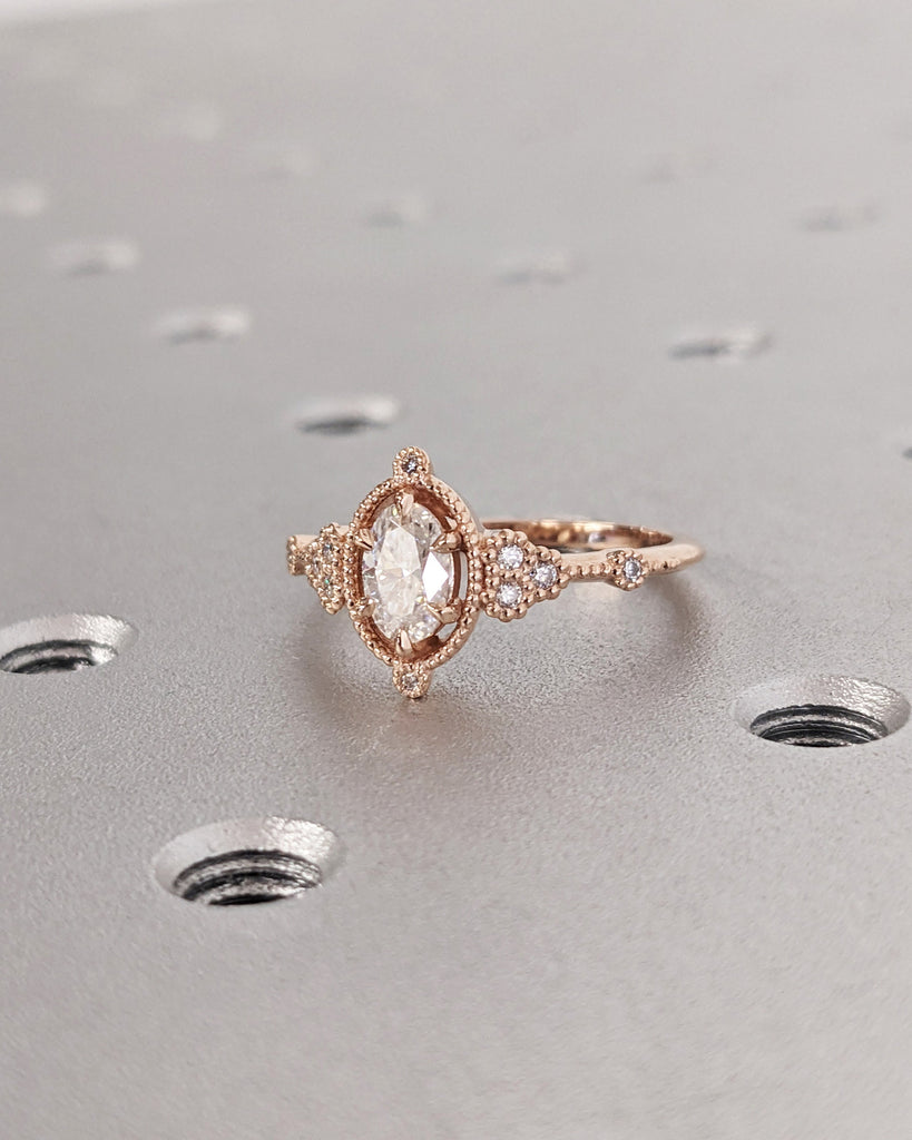 Vintage Oval Shaped Moissanite Engagement Ring Art Deco Milgrain Real Rose Gold Wedding Ring Unique Moissanite Cluster Bridal Ring For Women