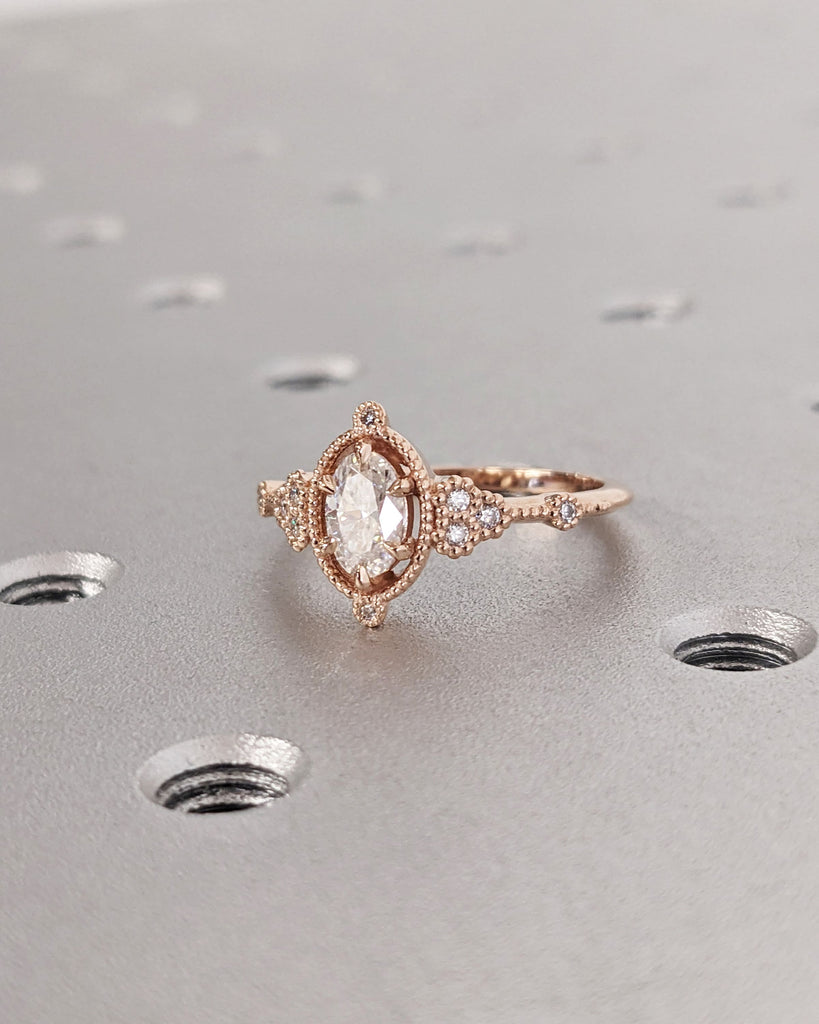 Vintage Moissanite Oval Engagement Ring | Antique Rose Gold Diamond Bridal Ring | Talon Prong Set Milgrain Ring | Art Deco Anniversary Ring