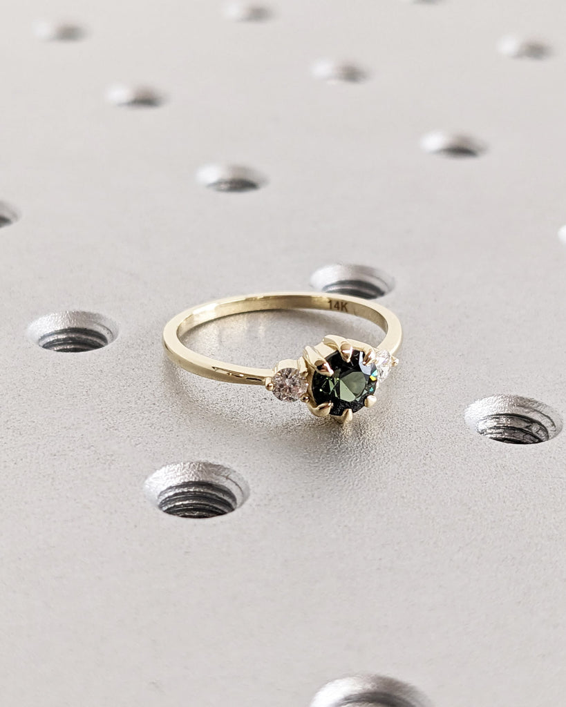 Natural Peacock Sapphire and Lab Grown Diamond Three Stone Ring | Round Sapphire Perfect Engagement Ring for Her | Dainty Yellow Gold Ring