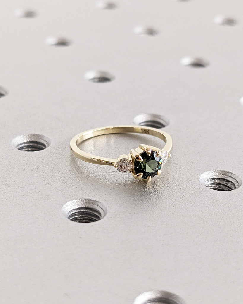 Vintage Teal Sapphire Engagement Ring | Unique Round Solid 14k Gold Blue Green Sapphire Ring | Diamond Wedding Promise Ring Anniversary Ring