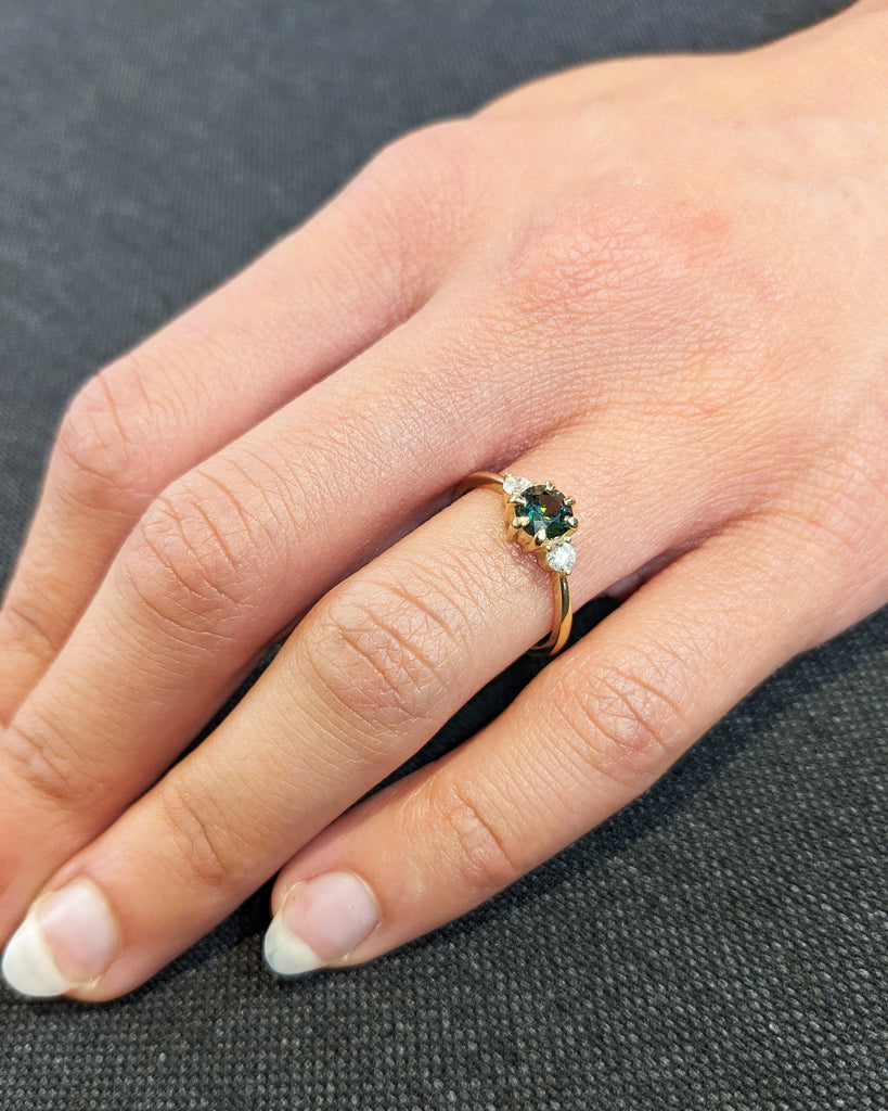 0.5ct Natural Teal Sapphire Ring | Lab Diamond and Sapphire Engagement Ring | Solid Gold Three Stone Promise Anniversary Ring for Her