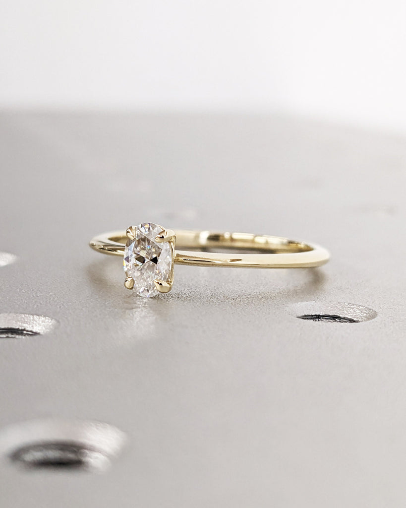 Oval Moissanite Solitaire Engagement Ring, Tapered Band Thin Ring, Oval Cut 14K Solid Gold Minimalist Wedding Ring, Unique Anniversary Gift