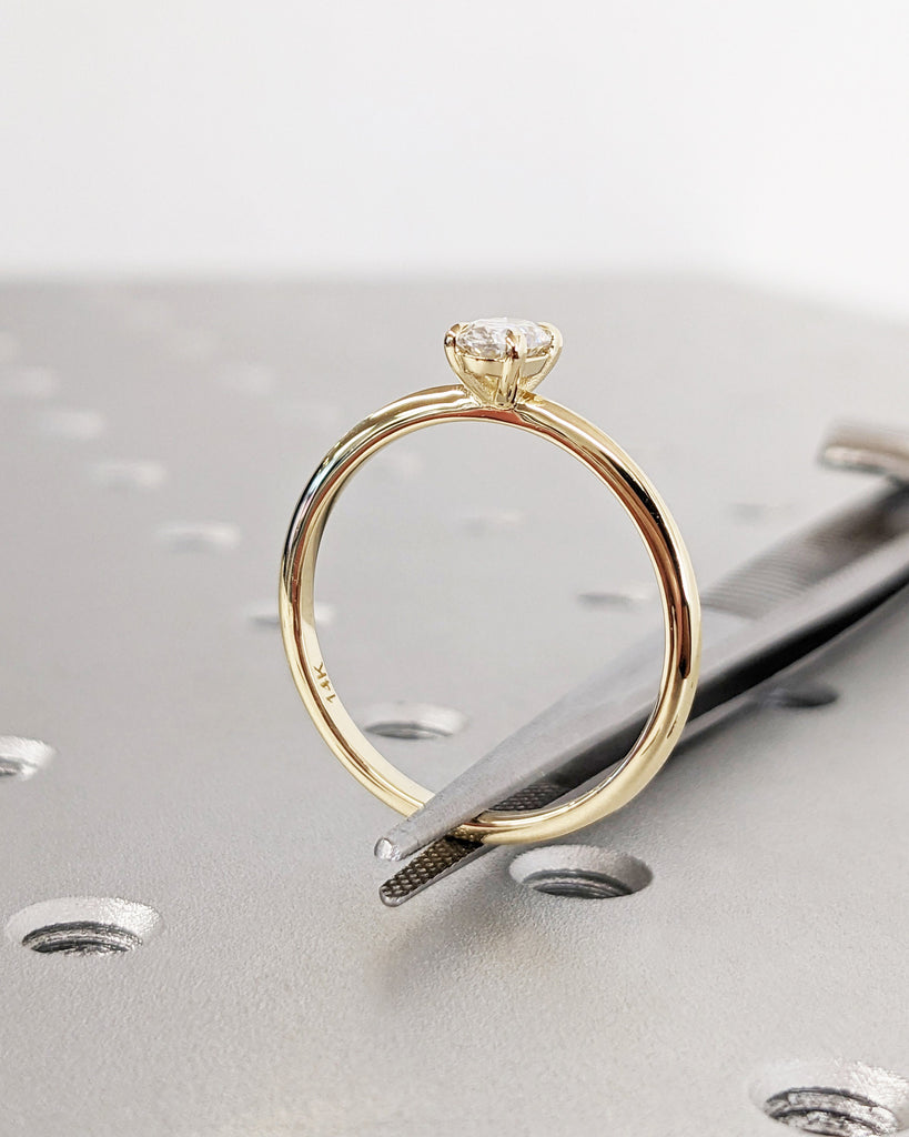 Oval Moissanite Solitaire Engagement Ring, Tapered Band Thin Ring, Oval Cut 14K Solid Gold Minimalist Wedding Ring, Unique Anniversary Gift