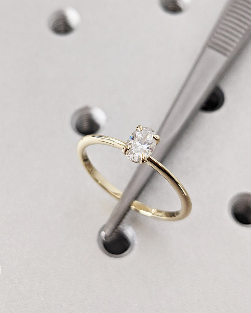 Oval Moissanite Solitaire Engagement Ring, Tapered Band Thin Ring, Oval Cut 14K Solid Gold Minimalist Wedding Ring, Unique Anniversary Gift