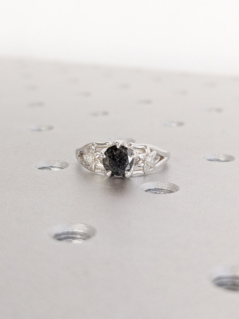 1, 1.5, 2ct Round cut Natural Black Diamond Engagement Ring | Salt and Pepper Diamond Cocktail Ring | 3 Stone Trilogy Promise Ring | White Gold Ring for Her