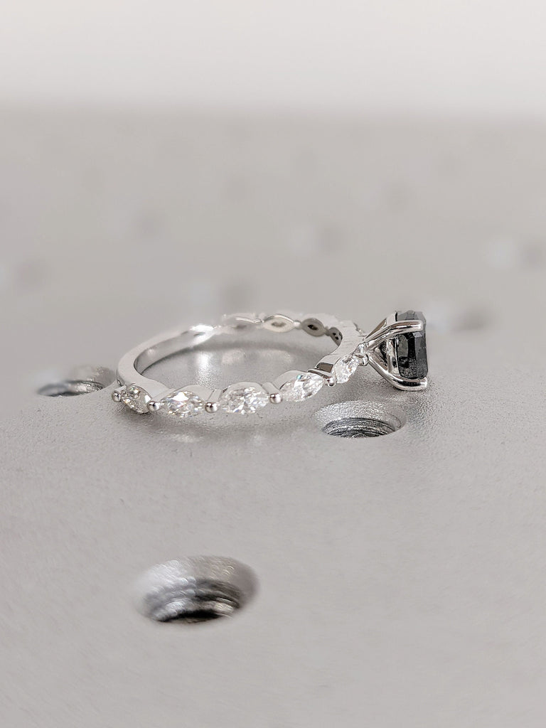 14K Solid White Gold Cushion Cut Raw Salt and Pepper Engagement Ring, White Diamond Marquise Cut Wedding Ring, Unique Bridal Diamond Ring