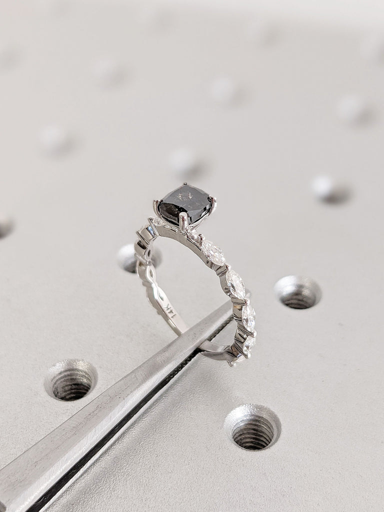 Cushion Cut Raw Salt and Pepper Wedding Band, 18K White Gold Marquise Cut Diamond, Black Diamond Engagement Ring