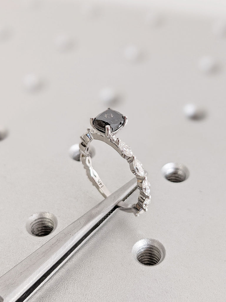 14K Solid White Gold Cushion Cut Raw Salt and Pepper Engagement Ring, White Diamond Marquise Cut Wedding Ring, Unique Bridal Diamond Ring