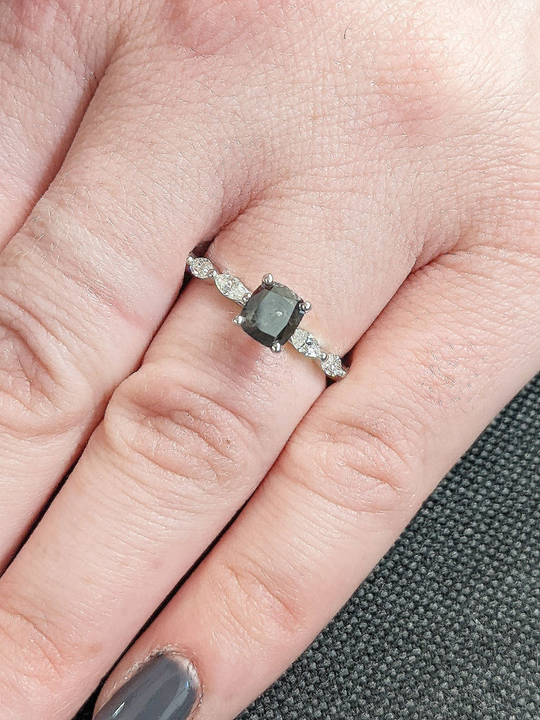 14K Solid White Gold Cushion Cut Raw Salt and Pepper Engagement Ring, White Diamond Marquise Cut Wedding Ring, Unique Bridal Diamond Ring
