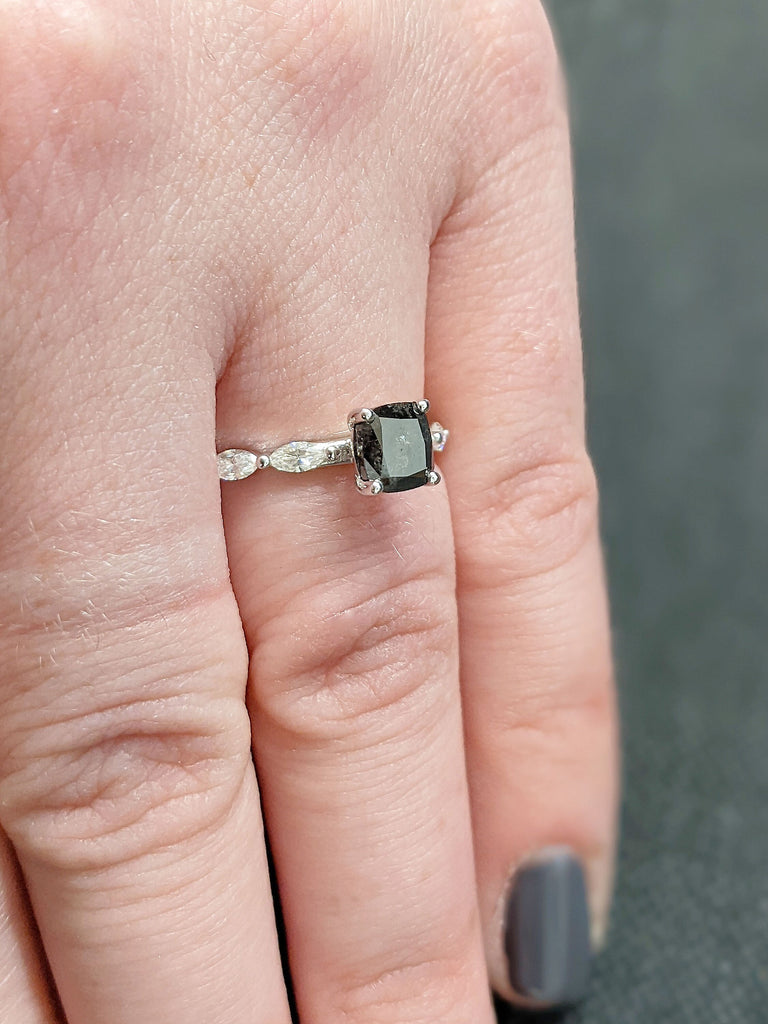 Cushion Cut Raw Salt and Pepper Wedding Band, 18K White Gold Marquise Cut Diamond, Black Diamond Engagement Ring