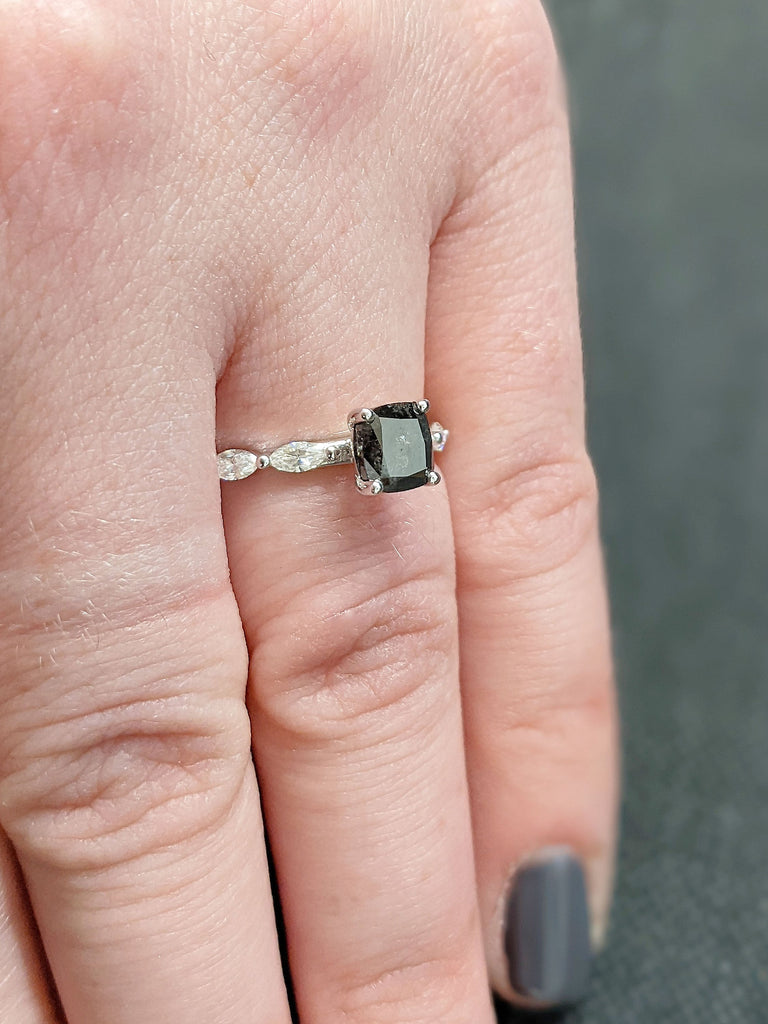 14K Solid White Gold Cushion Cut Raw Salt and Pepper Engagement Ring, White Diamond Marquise Cut Wedding Ring, Unique Bridal Diamond Ring