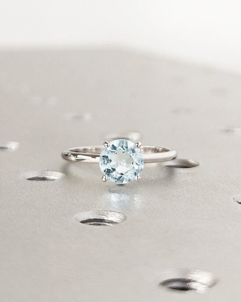 Round Cut Lab Aquamarine Engagement Ring / Gold Aquamarine Ring / Lab Grown Blue Aquamarine / Round Engagement Ring / Minimalist Bridal Ring