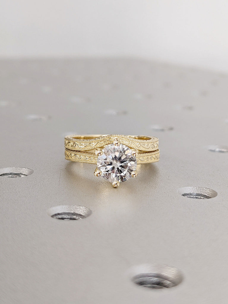 Vintage Round cut Diamond Engagement Ring | Solid Yellow Gold Milgrain Edge Ring | Flowing Vine Ring | Twig Design Ring | Antique Anniversary Promise Bridal Ring