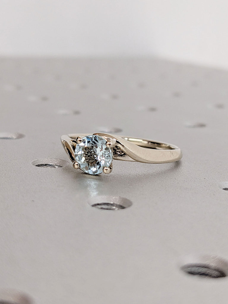 Round Lab Aquamarine Vintage Engagement Ring | 14K White Gold Bypass Ring | Light Blue Gemstone Twisted Bridal Ring | Unique Promise Ring