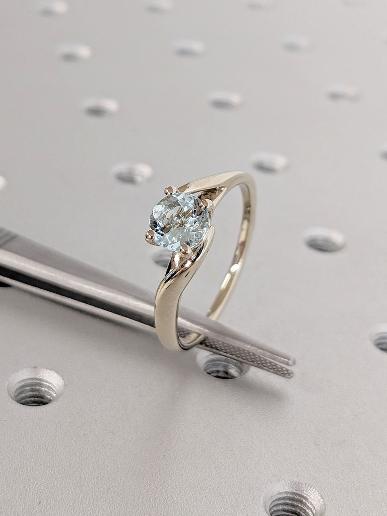 Round Lab Aquamarine Vintage Engagement Ring | 14K White Gold Bypass Ring | Light Blue Gemstone Twisted Bridal Ring | Unique Promise Ring