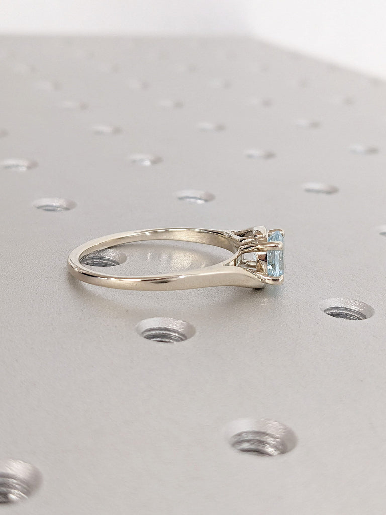 Round Lab Aquamarine Vintage Engagement Ring | 14K White Gold Bypass Ring | Light Blue Gemstone Twisted Bridal Ring | Unique Promise Ring