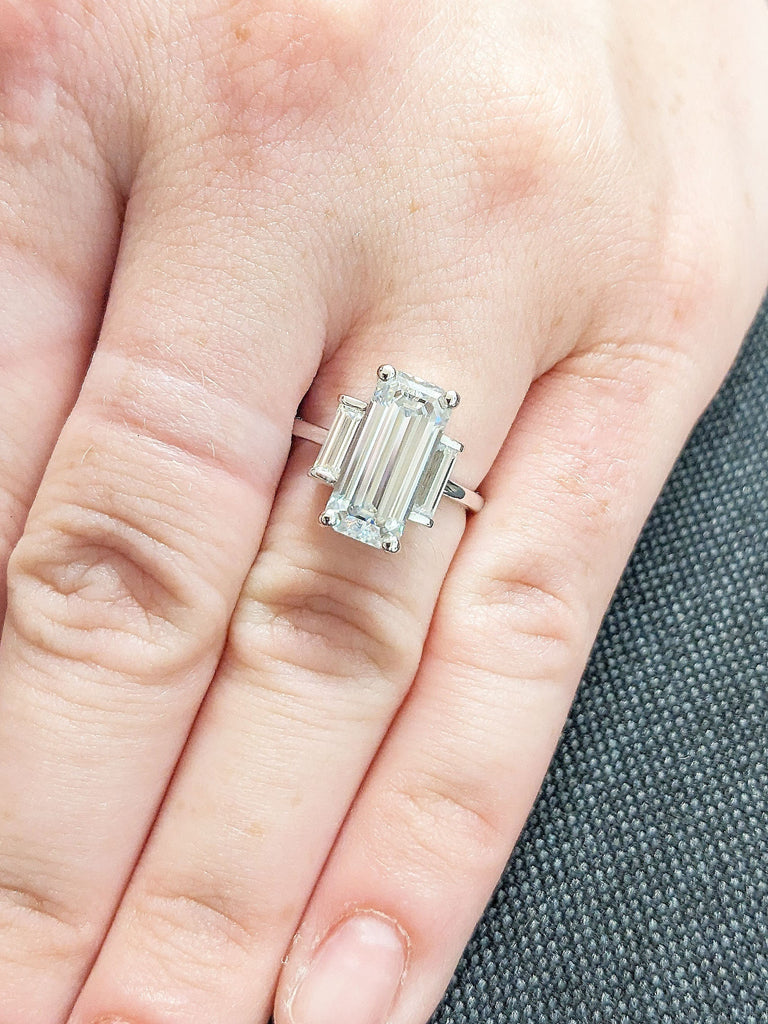 Three Stone Emerald Cut 3 Carat Moissanite Proposal Ring, Baguette Cut Promise Ring , Three Stone Trilogy Ring.