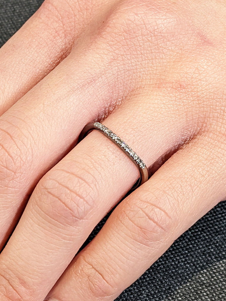 14K Black Gold Dainty Women Wedding Ring | Ombre Diamond Half Eternity Ring | Matching Ring | Stacking Ring | Curve Solid Gold Band