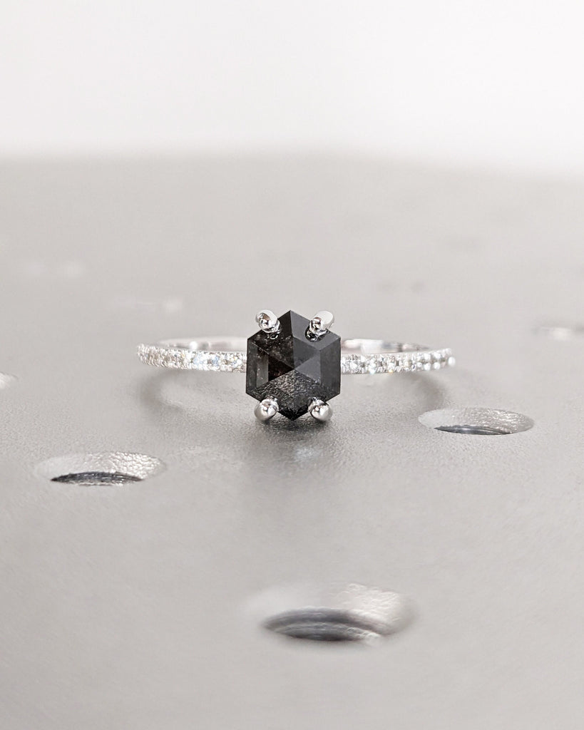 1920's Raw Salt and Pepper Diamond, Hexagon Diamond Ring, Unique Engagement Bridal Set, Black, Gray Hexagon, 14k Yellow, Rose, or White Gold