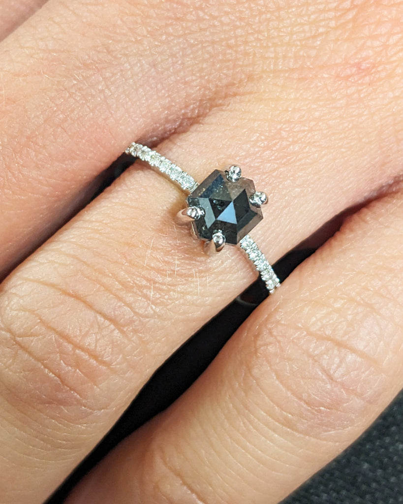 1920's Raw Salt and Pepper Diamond, Hexagon Diamond Ring, Unique Engagement Bridal Set, Black, Gray Hexagon, 14k Yellow, Rose, or White Gold