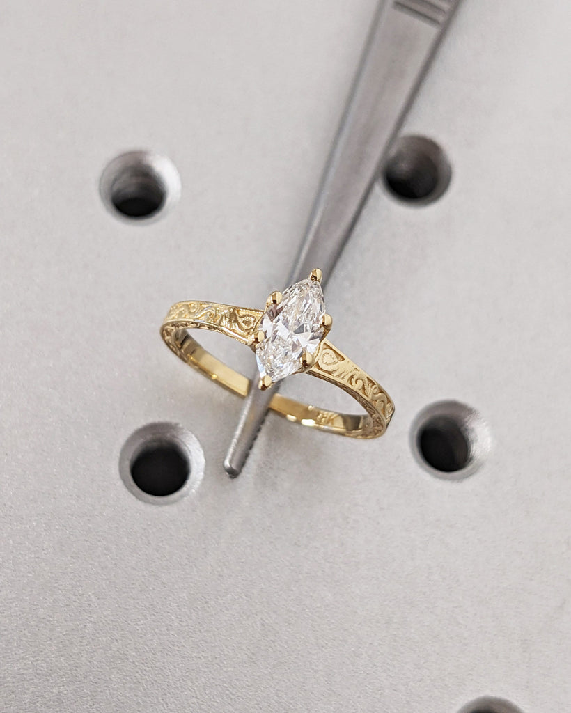 Marquise Cut Moissanite Ring Vintage Moissanite Engagement Ring Solid Gold Unique Classic Solitaire Engagement Ring Filigree Hand Carved