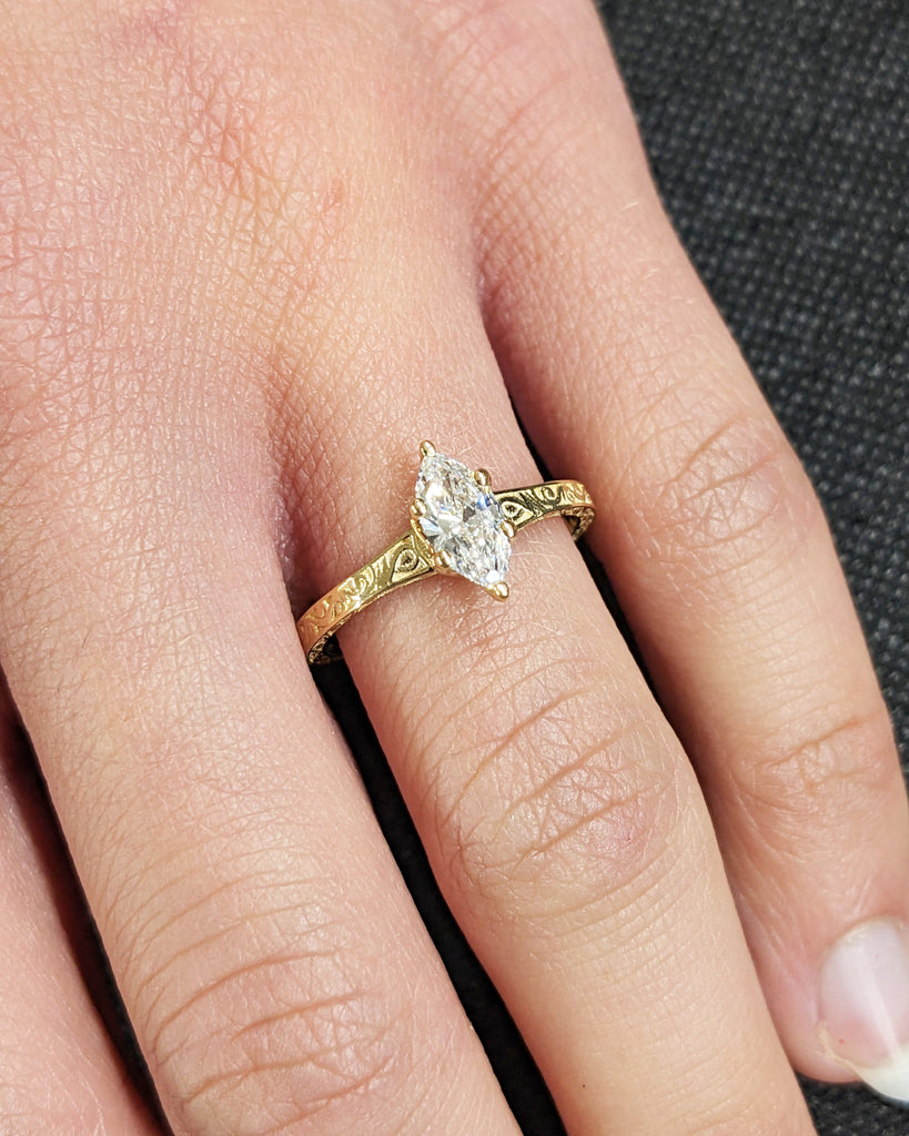 Marquise Cut Moissanite Ring Vintage Moissanite Engagement Ring Solid Gold Unique Classic Solitaire Engagement Ring Filigree Hand Carved