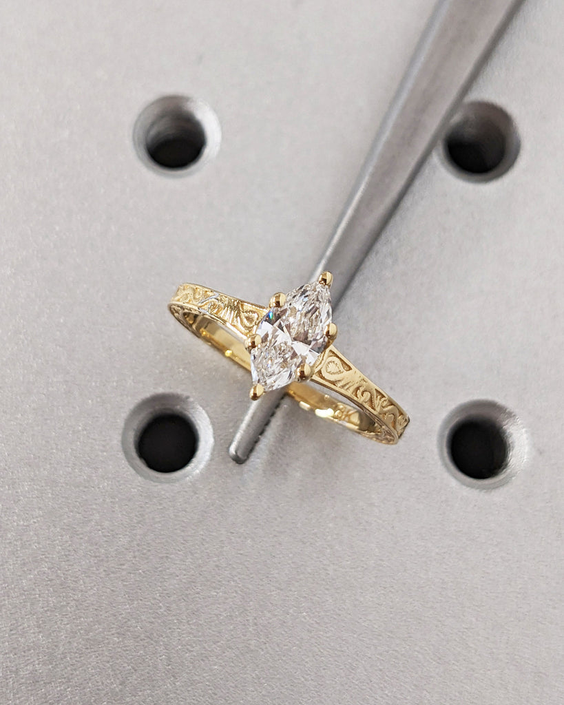 Marquise Cut Lab Diamond Ring Vintage Diamond Engagement Ring Solid Gold Unique Classic Solitaire Engagement Ring Filigree Hand Carved Ring