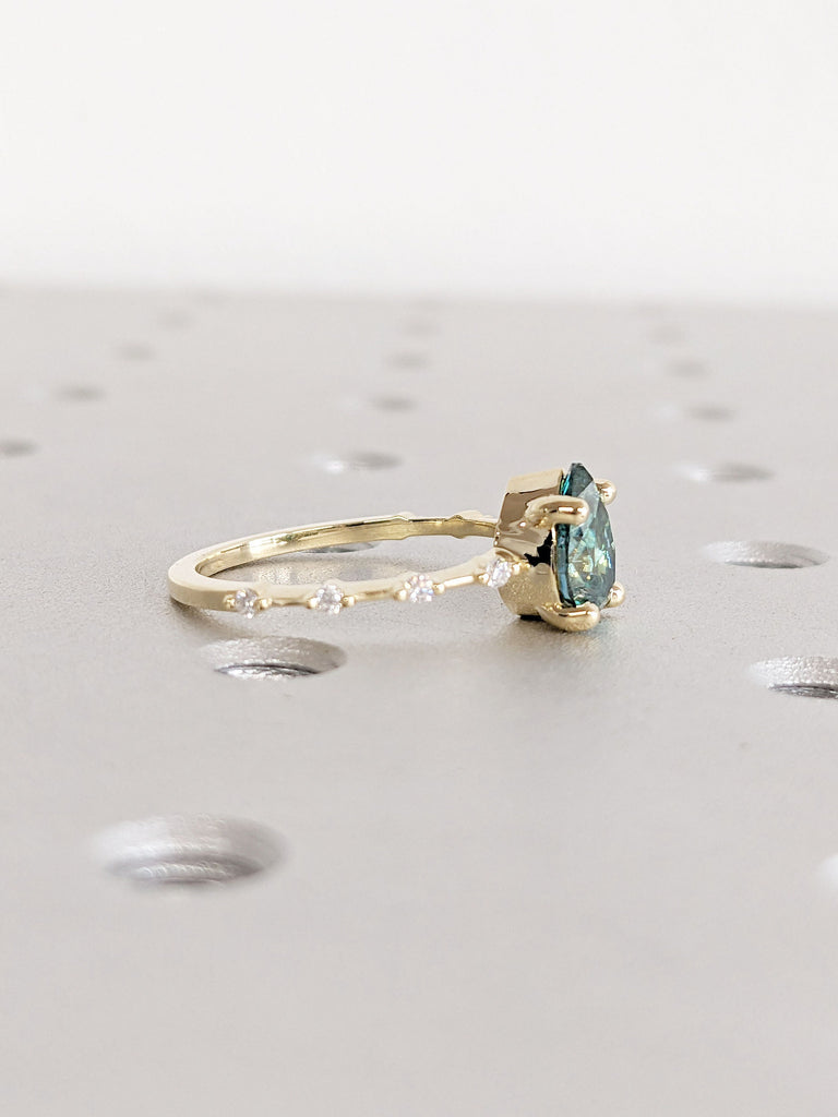 1, 1.5, 2CT Green Moissanite Engagement Ring | Pear cut Ring | Dainty Promise Ring | Floating Bubble Diamond Band | Knife-Edge Gold Ring