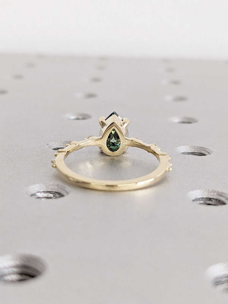 1, 1.5, 2CT Green Moissanite Engagement Ring | Pear cut Ring | Dainty Promise Ring | Floating Bubble Diamond Band | Knife-Edge Gold Ring