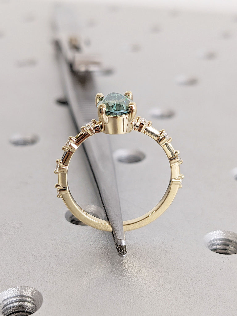 1, 1.5, 2CT Green Moissanite Engagement Ring | Pear cut Ring | Dainty Promise Ring | Floating Bubble Diamond Band | Knife-Edge Gold Ring