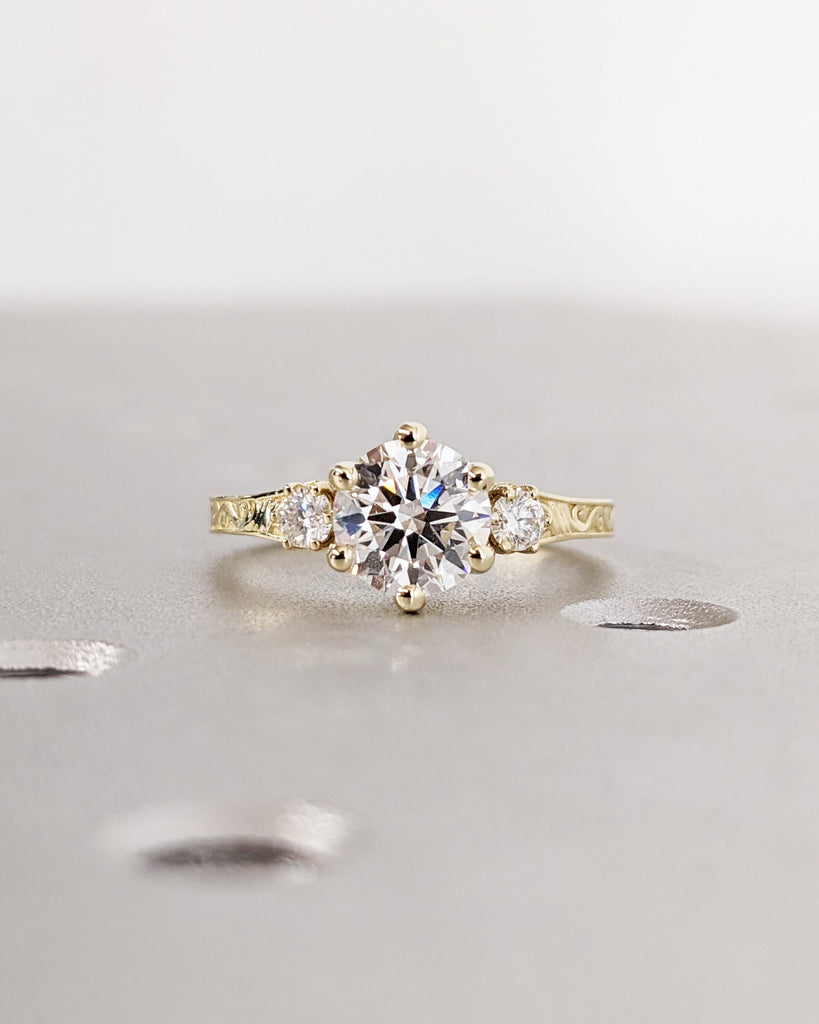 Lab Grown Diamond 14k Real Gold Moissanite Diamonds Dainty Round 3 Stone Engagement Ring, Cluster Ring, Filigree Band, Hand Carved, Trellis