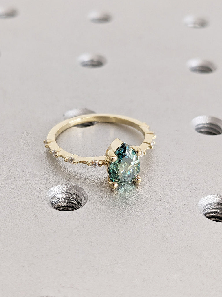 Art Deco Green Moissanite Yellow Gold Engagement Ring for Her | Pear cut Ring | Unique Proposal Ring | 14K Thin Gold Band | Knife-Edge Ring