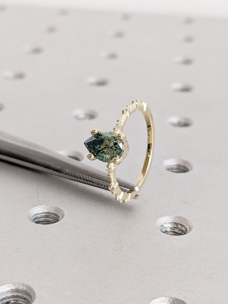 Art Deco Green Moissanite Yellow Gold Engagement Ring for Her | Pear cut Ring | Unique Proposal Ring | 14K Thin Gold Band | Knife-Edge Ring