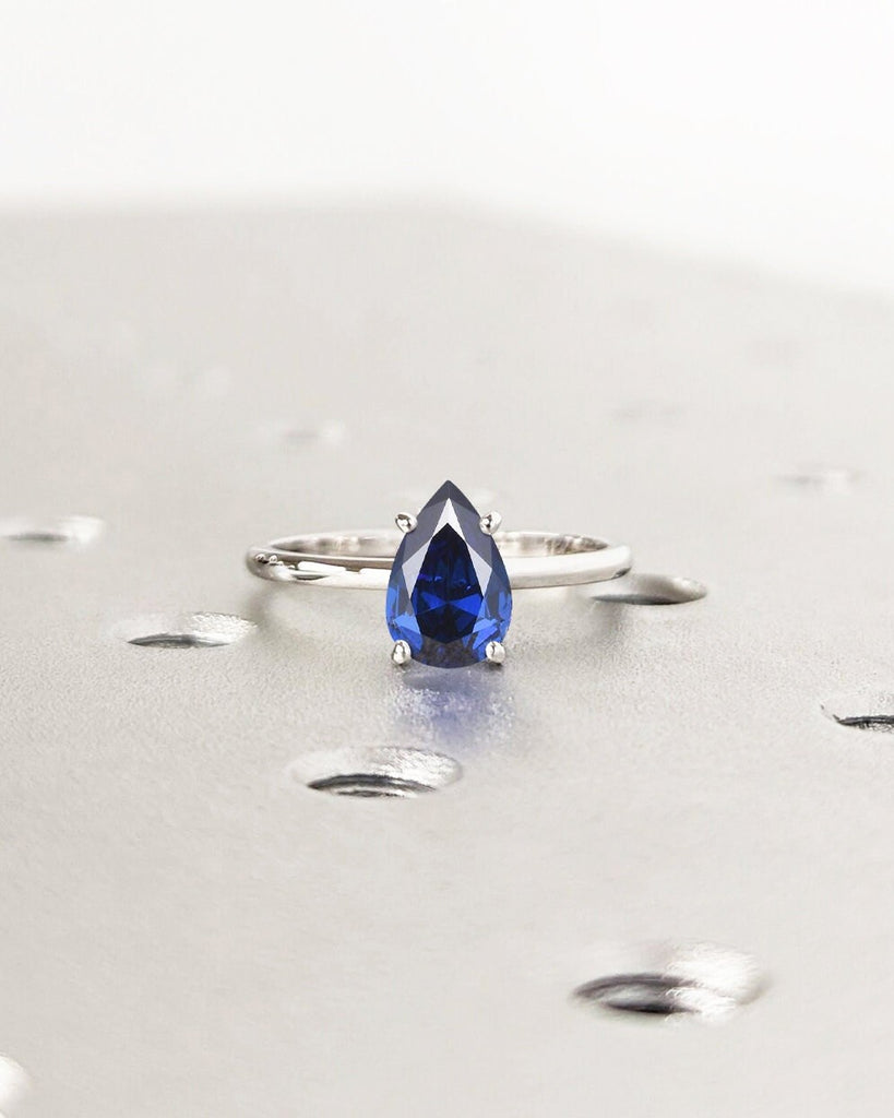 Pear Cut Blue Lab Sapphire Engagement Ring / Pear Shape Lab Grown Blue Sapphire Ring / Pear Solitaire Ring / 4 Prong Setting Minimalist Ring