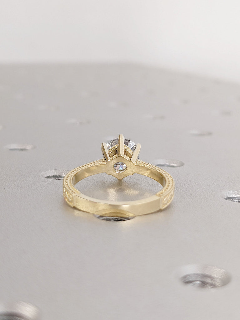 Round Lab Grown Diamond Engagement Ring, 1.8mm Wide Milgrain Filigree Band, Classic Wedding Ring, Unique Vintage Ring, 14K Gold Ring For Her