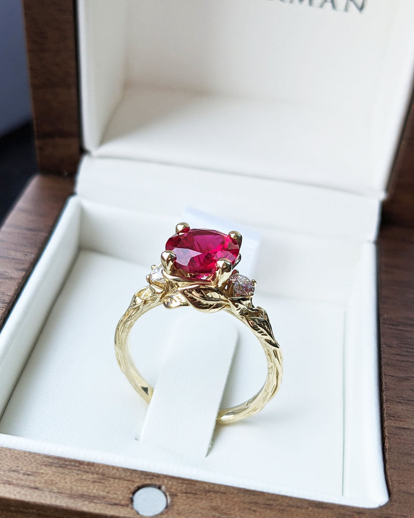 Round Red Ruby 14K Real Gold Promise Ring | Nature Inspired Leaves Motif Engagement Ring | Custom Wedding Anniversary Ring for Her | Trellis