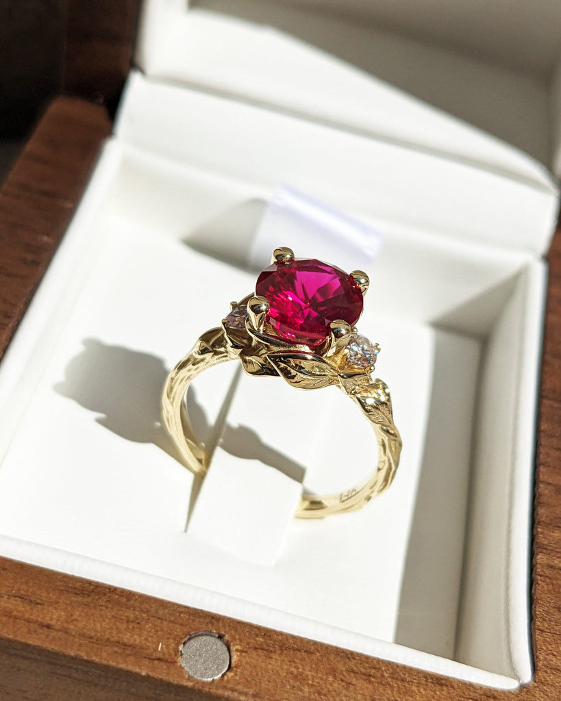 Round Red Ruby 14K Real Gold Promise Ring | Nature Inspired Leaves Motif Engagement Ring | Custom Wedding Anniversary Ring for Her | Trellis