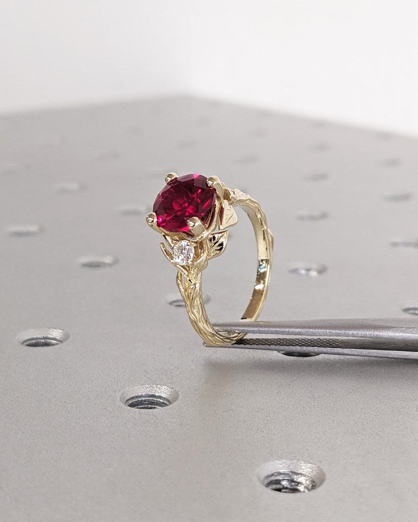 Round Red Ruby 14K Real Gold Promise Ring | Nature Inspired Leaves Motif Engagement Ring | Custom Wedding Anniversary Ring for Her | Trellis