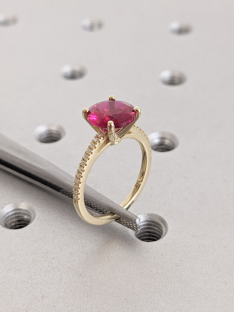 Vintage Round cut Ruby Engagement Ring | 14K Yellow Gold Ruby Ring, Cathedral Setting, High Profile Prongs, Moissanite, Half Eternity Band