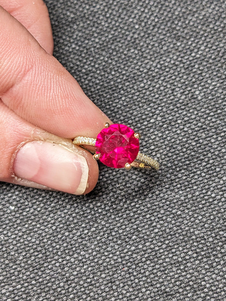 Vintage Round cut Ruby Engagement Ring | 14K Yellow Gold Ruby Ring, Cathedral Setting, High Profile Prongs, Moissanite, Half Eternity Band