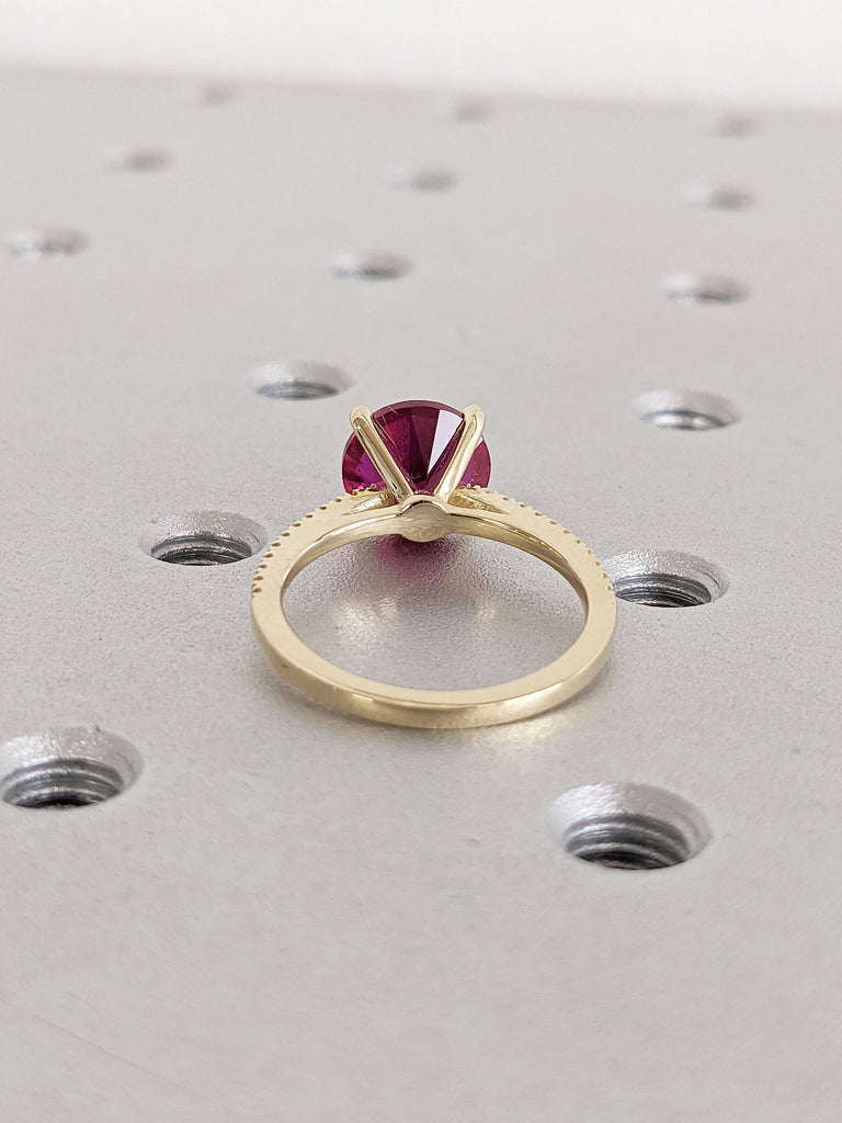 Vintage Round cut Ruby Engagement Ring | 14K Yellow Gold Ruby Ring, Cathedral Setting, High Profile Prongs, Moissanite, Half Eternity Band