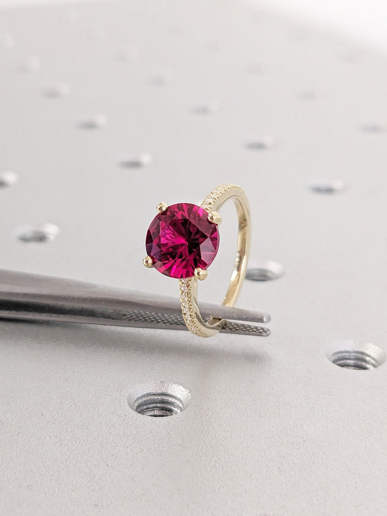 Vintage Round cut Ruby Engagement Ring | 14K Yellow Gold Promise Ring | Cathedral Setting High Profile Prongs | Diamond Half Eternity Band