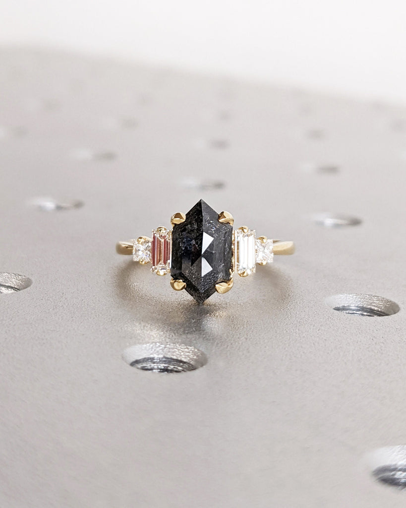 Raw Diamond Hexagon Baguette Princess Diamond, Salt and Pepper, Unique Engagement Ring, Geometric Diamond Ring, 14k Gold, Custom Handmade